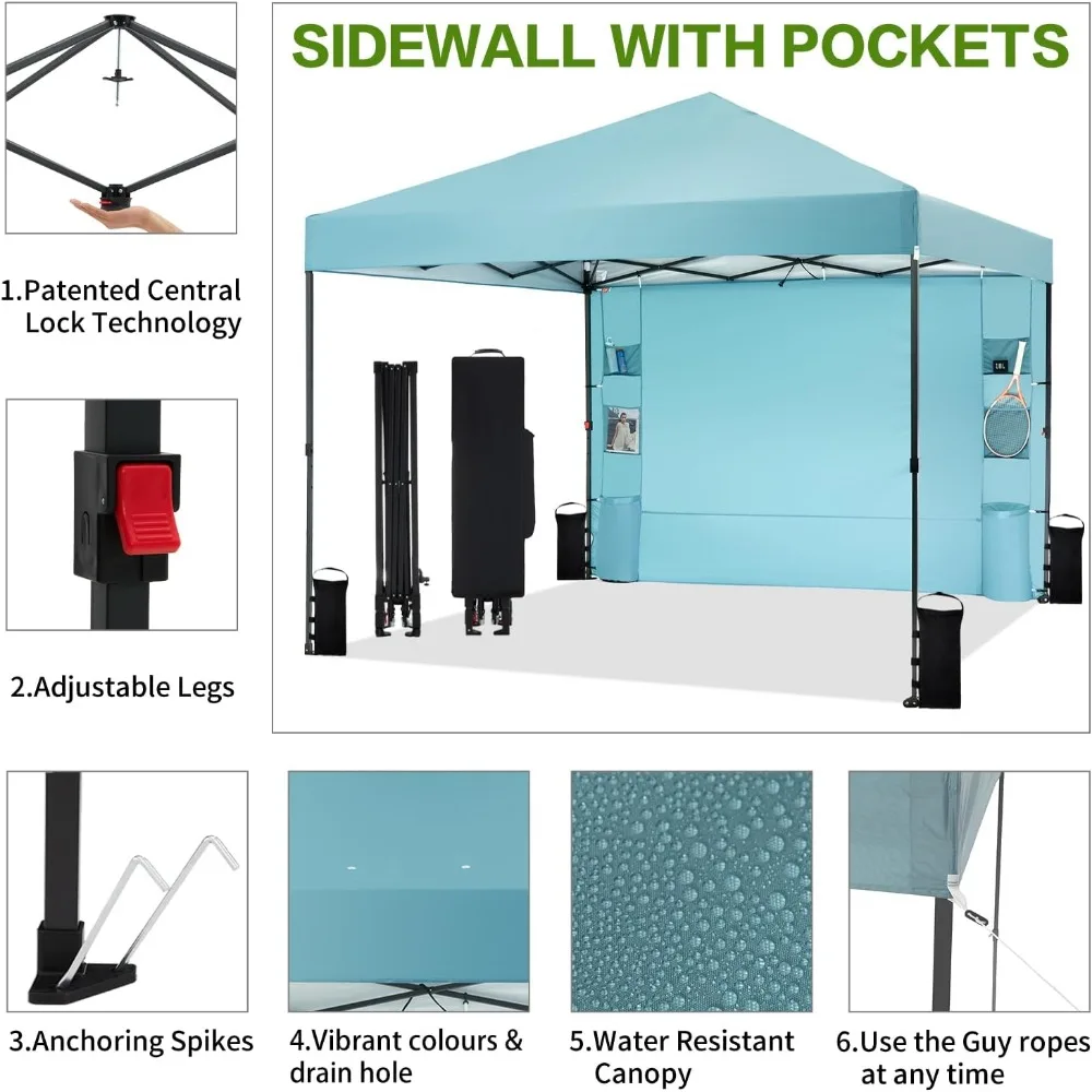 10'x10' Pop Up Canopy Tent with Sidewall and 6 Pockets, Patented One Push, 1 Person Easy up, Instant Shade Canopy with Vented