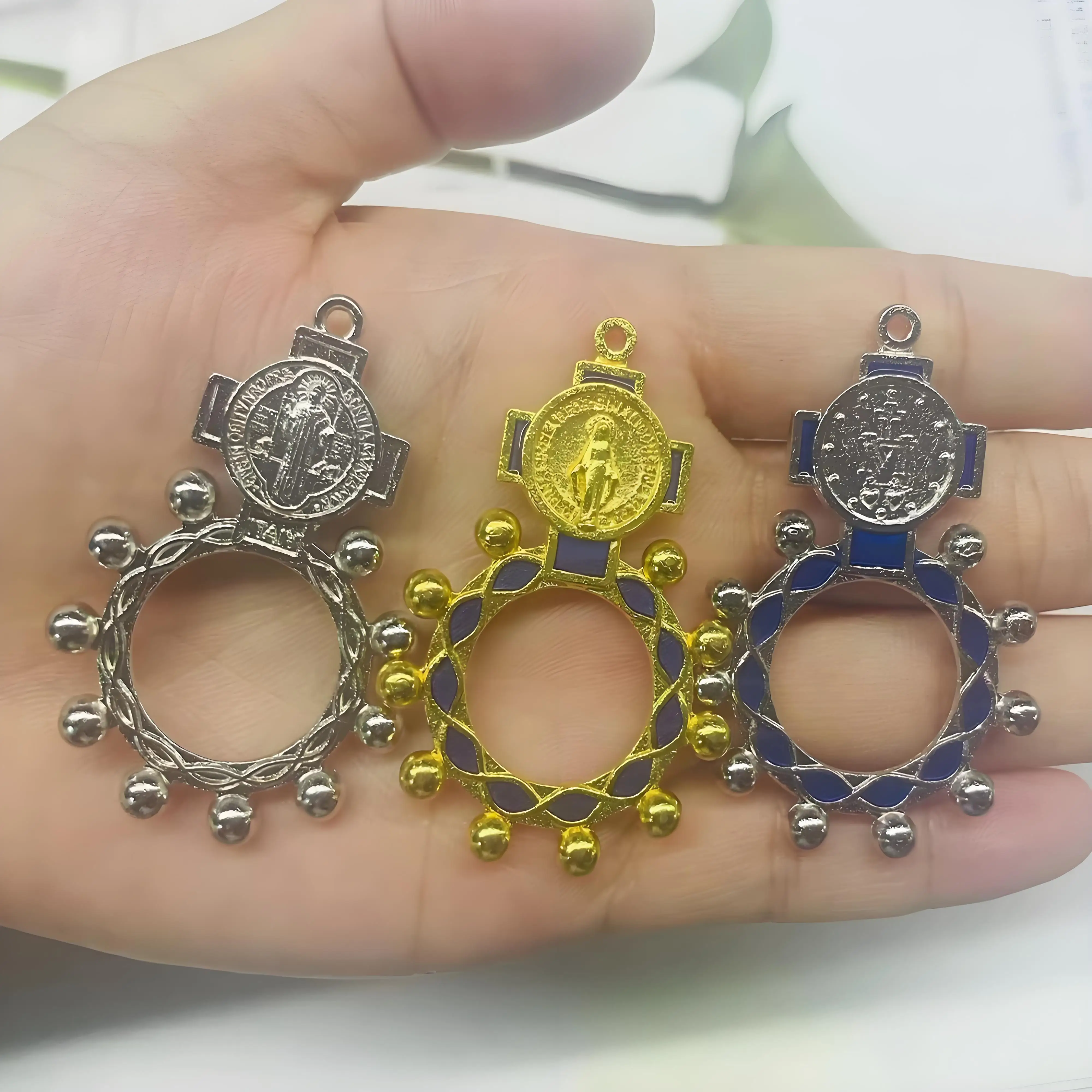 10Pcs Rosary Ring With Blue Enamel Accents,St.Benedict Medal Exorcism Cross  Pocket Rosaries Catholic Christian Baptism Favors