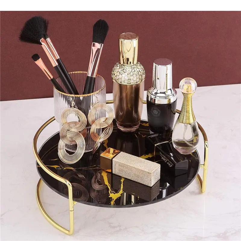 Gilding Marble Texture Storage Tray Round Glass Serving Trays Dresser Table Skincare Cosmetic Containers Jewelry Organizer Shelf