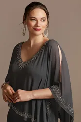 Beaded V Neck Capelet Plus Size Sheath Mother of The Bride Dresses Gray Chiffon Open Back Floor Length Party Gowns