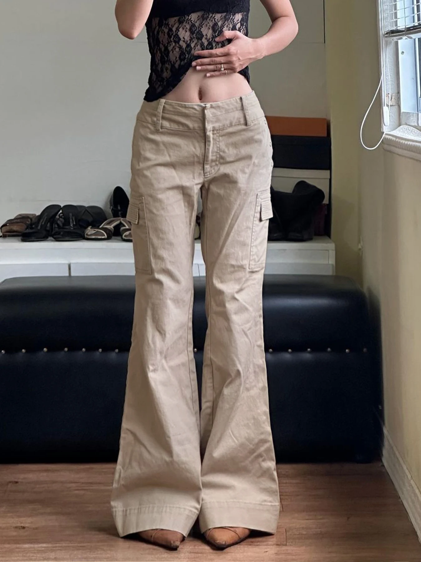 

Weekeep Casual Khaki Flared Denim Pants y2k Streetwear Pockets Patchwork High Waist Loose Women Jeans Korean Style Baggy Trouser