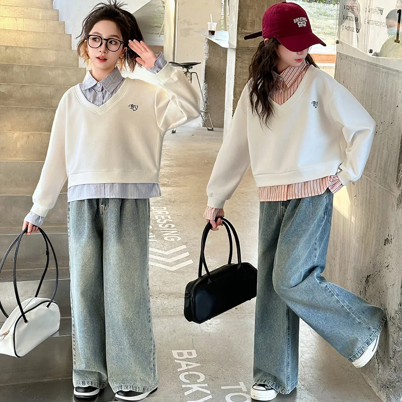 

Kids Girls 2pcs Sets Autumn Letter Printed Turn Down Collar Patchwork Sweatshirt+Straight-leg Jean Sets Children Girls Sets