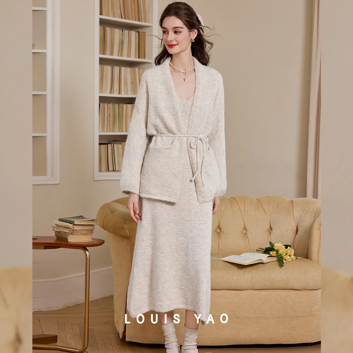 

LOUIS YAO Women's Set 2025 Autumn/Winter Women's Knitted Two Piece Set Wool-Blend Lazy Vibe Solid-Color Outerwear & Dress
