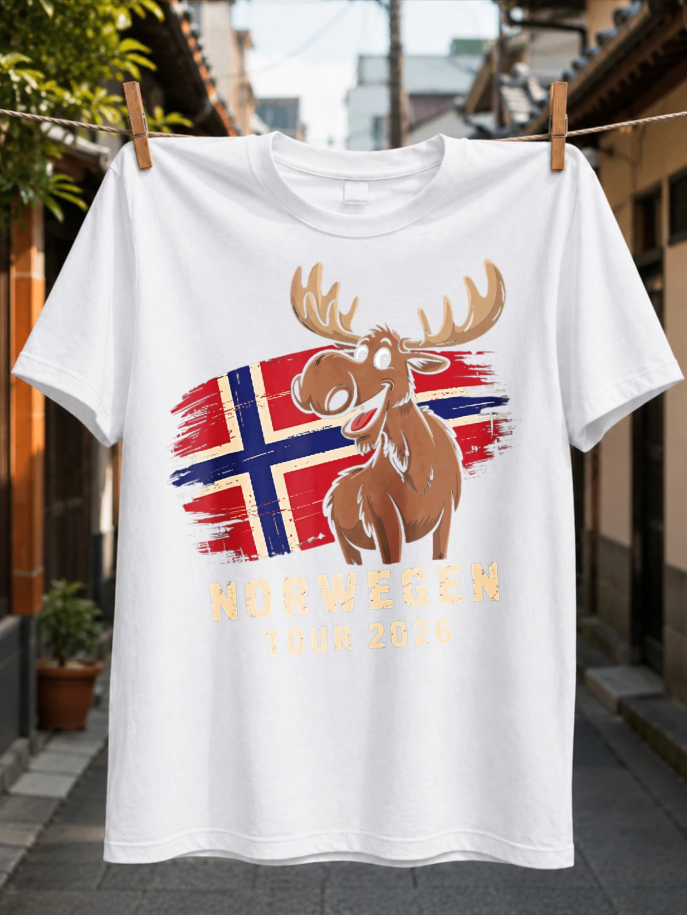 Norway Tour 2026 Cheerful Cartoon Moose with Distressed Norwegian Fl-ag Brushstroke Travel Souvenir  Unisex All T-Shirt