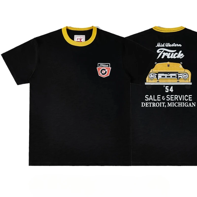 Pure Blood American Retro T-Shirt with Car Print, Men's Short-Sleeved Shirt