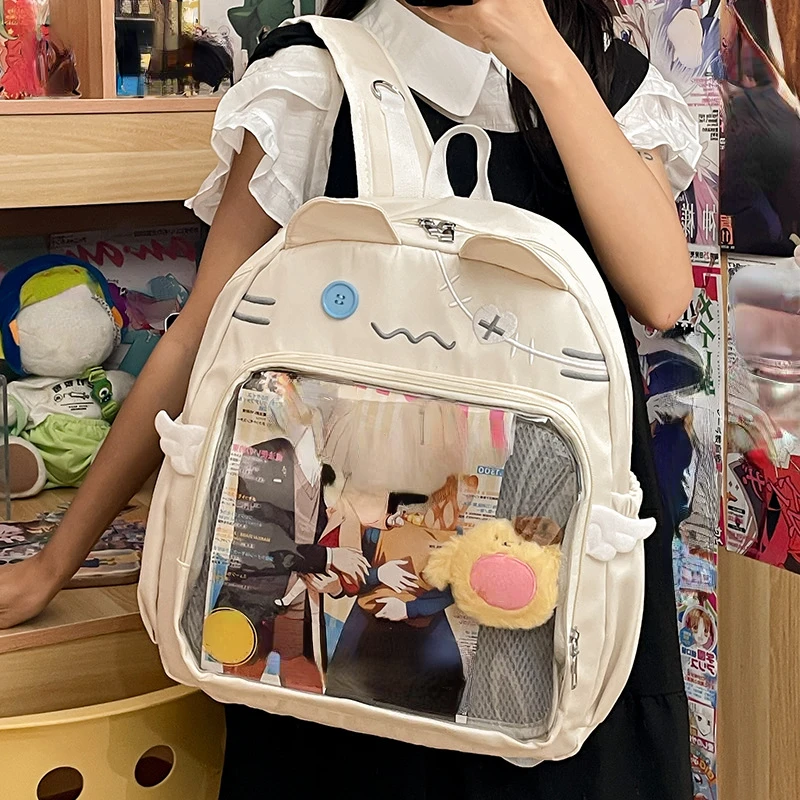 Japanese Transparent Preppy Backpacks Sweet Kawaii Cat Y2k Aesthetic Students Schoolbags New Casual Fashion Chic Ita Bags Women