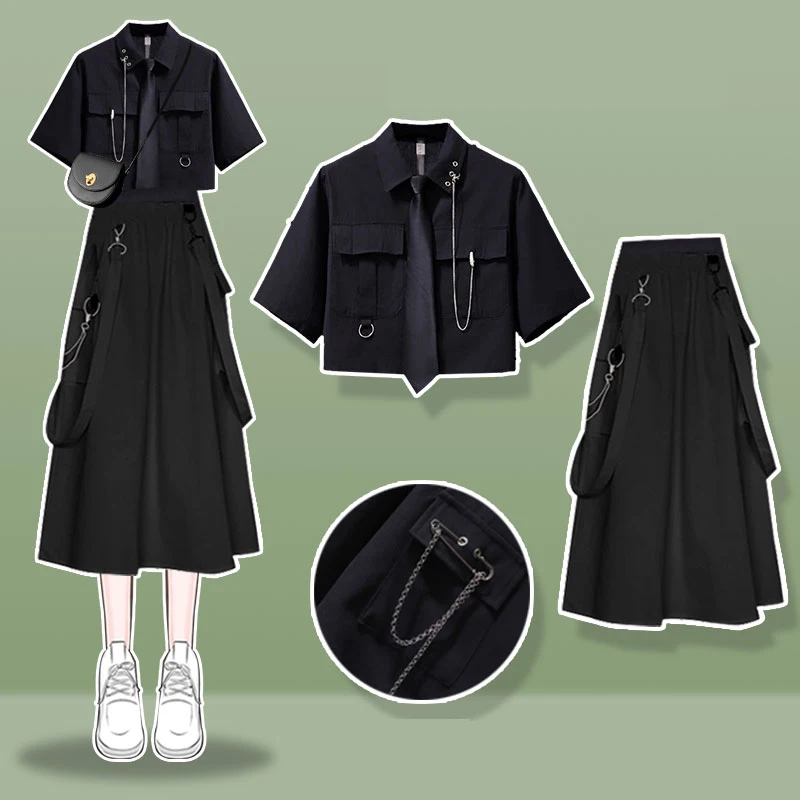 Grunge Clothing Black Polo Dress Set Sweet Women\'s Goth Preppy Shirt Long Skirt Summer Suit Girl Sets Punk Accessories Teen Emo