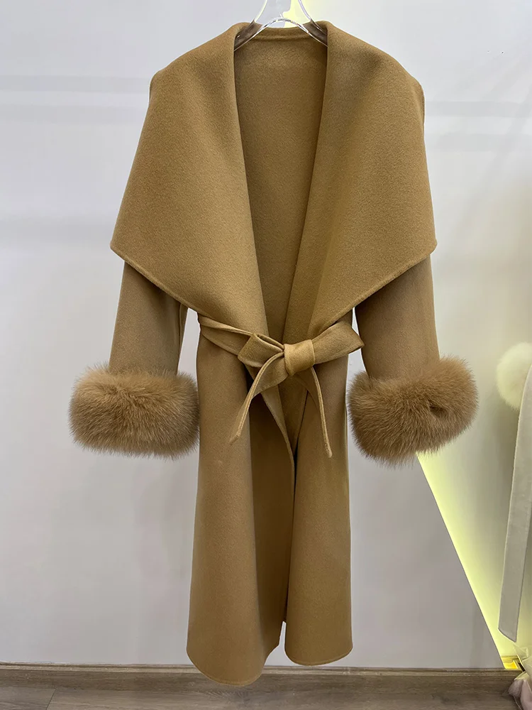 2025 Winter Ladies Wool Jacket  Women Luxurious Real Fox Fur Cuffs Coat Loose Clothing Cashmere Double