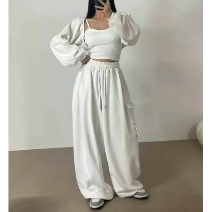 

Faionable Women's Tee-Piece Set with Strap Vest Top Wide-Leg Pants Long Sve oulder Pad Autumn Design 2025