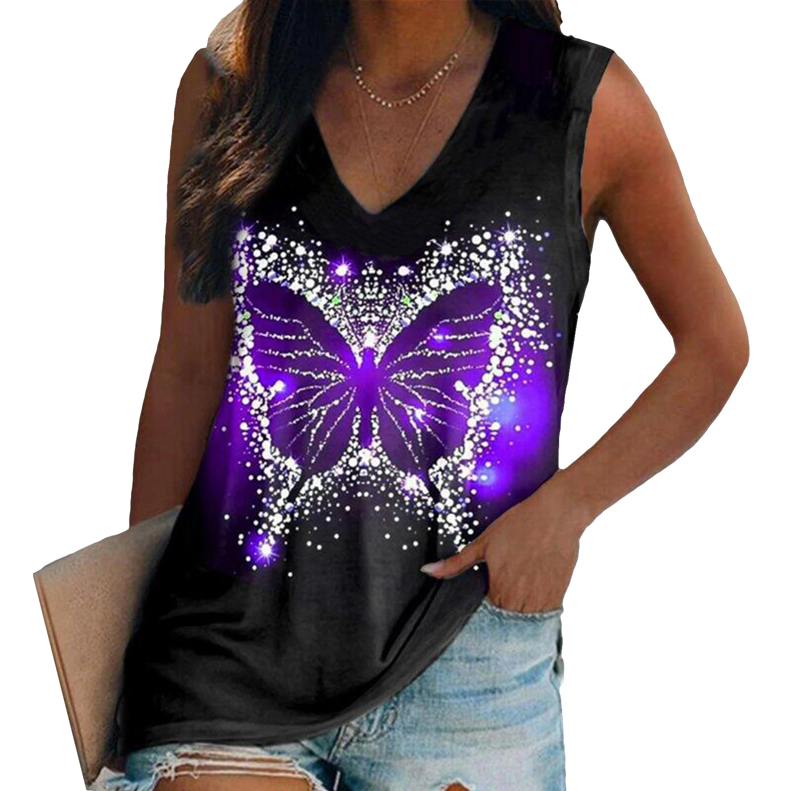 Kolorowy motyl 3D Print Tank Top Western Ethnic Women V-Neck Sleeveless Camisoles Off Shoulder Vest Y2k Tops Woman Clothing — zdjęcie 7