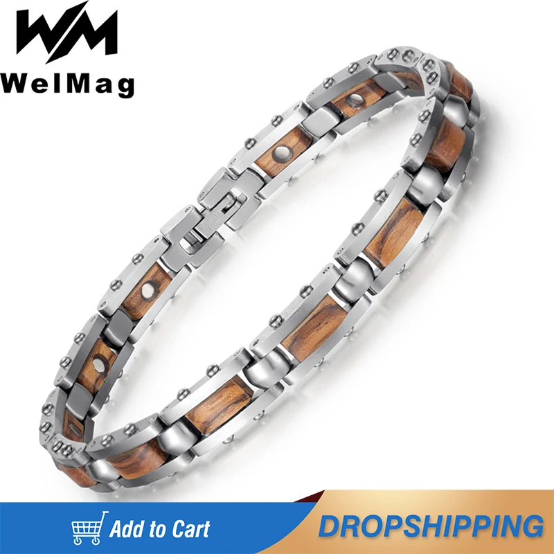 Welmag Magnetic Bracelet Wooden&Stainless Steel Bio Energy Bangle Hand Chain Link For Men & Women Couple Health Jewerly 2023