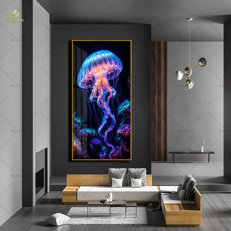 Light luxury porch decoration painting with LED lights, jellyfish animal painting, modern high-end crystal porcelain painting