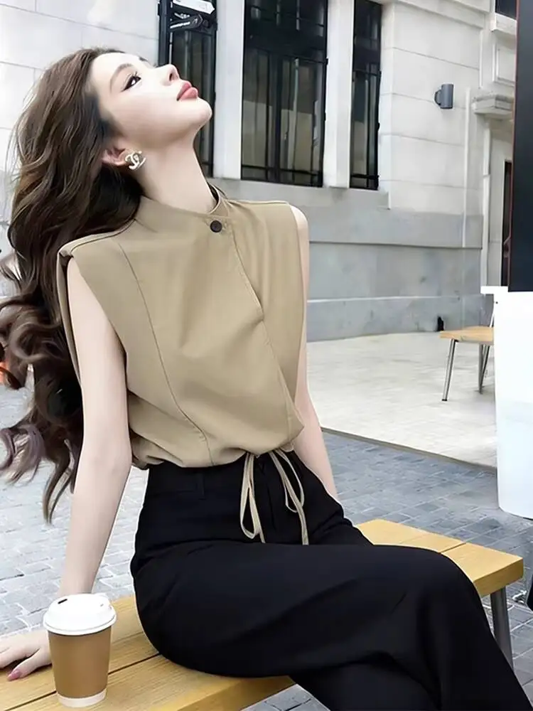 

2026 New Summer Women's Stand Collar Asymmetric Button Drawstring Crop Top Sleeveless Padded Shoulder Slim Waist Vest Shirt For