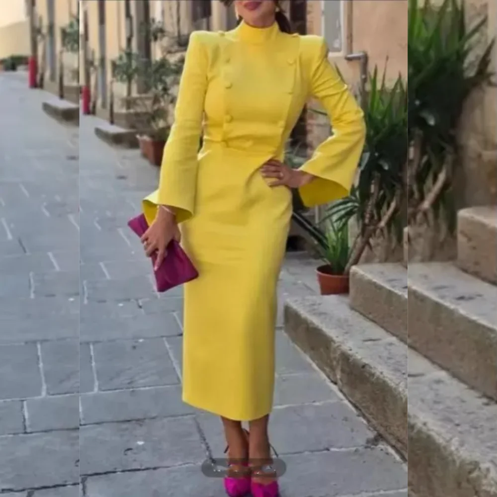 

Customized Exquisite Jersey Button Straight High Collar Midi Dresses Bespoke Occasion Chinese Style Classic