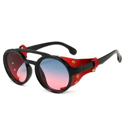 Imagen 2 del producto Gafas de sol Steampunk Shields para hombre y mujer, gafas de sol clásicas con gafas redondas de cuero lateral, lentes rosas UV400