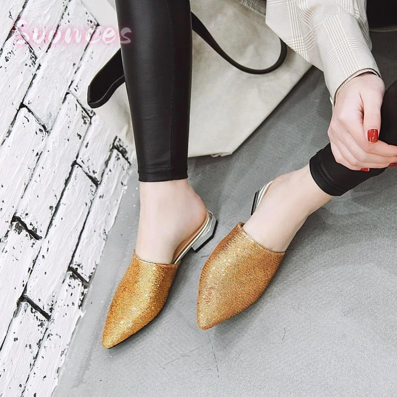 Sharp Point Mule Slides Dense Shiny Sequin Fabric Slip Polished Metallic Square Flat Heel Banquet Stage Comfortable Flat Shoes