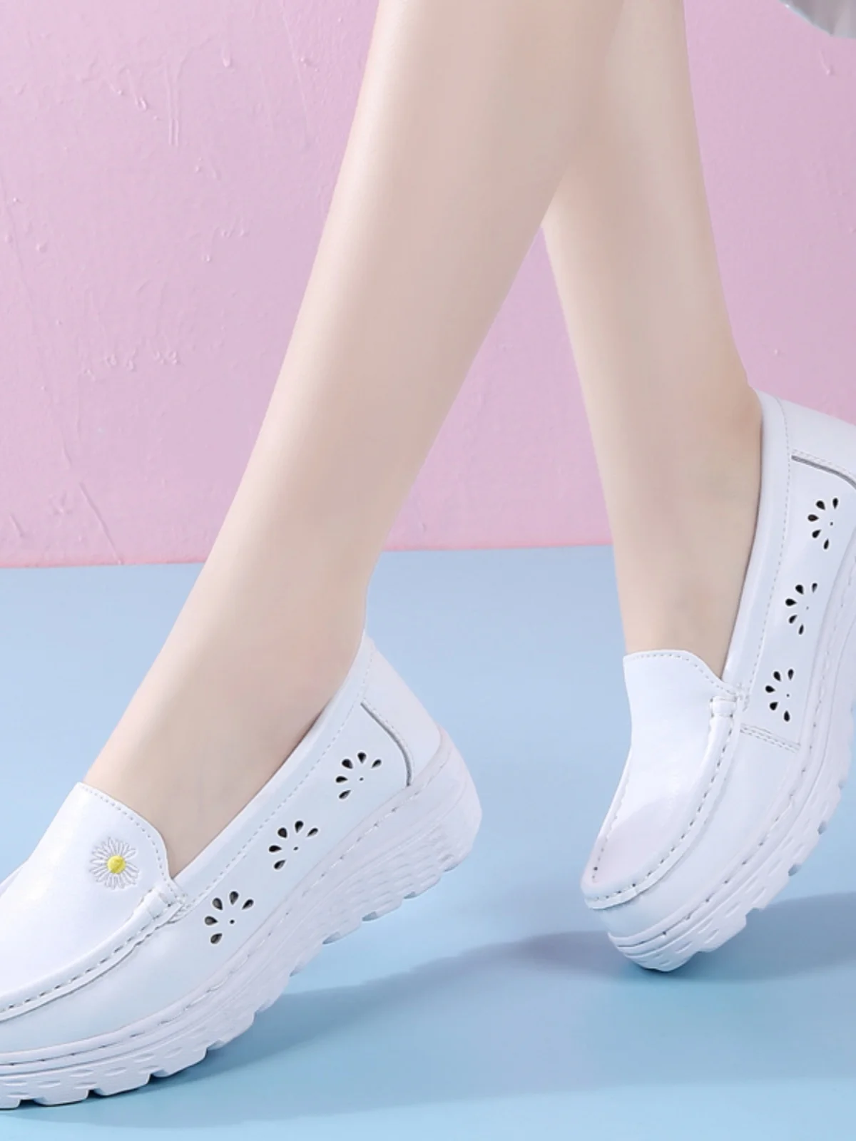 Leather Women\'s Shoes White Sneakers Clogs Platform Female Footwear Genuine Leather Casual Nurse Summer Creepers Dress Fretwork