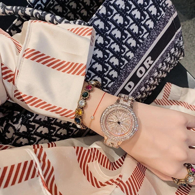 Korean Women's Watch Full Diamond Rotating Dial Quartz Watch Ladies Fashion Trend Waterproof Simple Light Luxury Clock Gifts