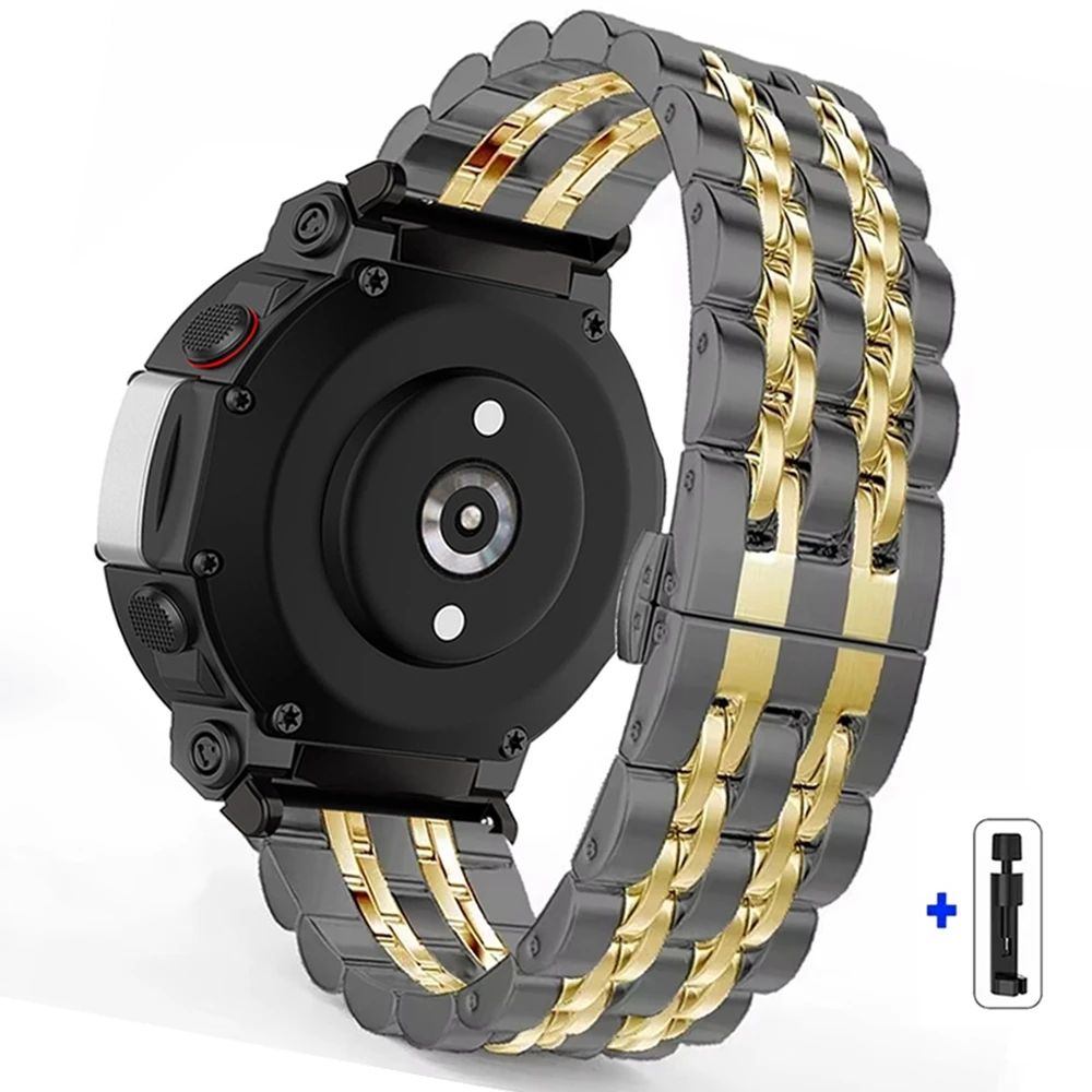 Per Huami Amazfit T-Rex Pro A1918 Cinturino per orologio in acciaio inossidabile a sette perline con chiusura a farfalla - Nero / Oro