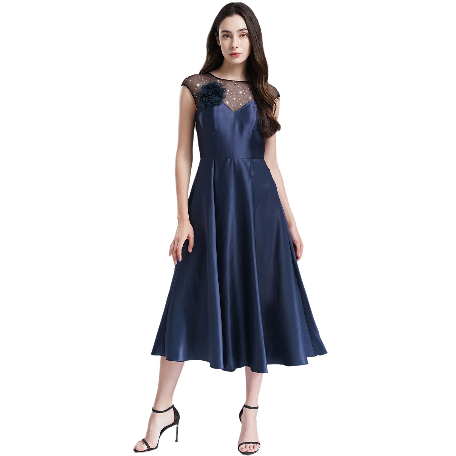 Women Elegant Dress with Flower Brooch Vestido De Fiesta Sleeveless Built-in Pad A-line Maxi Party Prom Gown for Evening Banquet