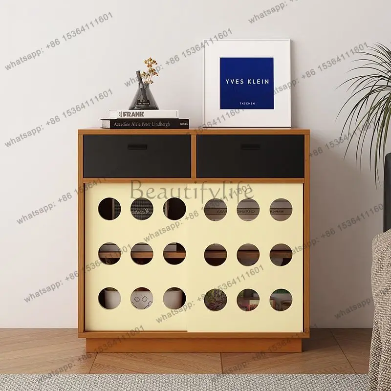 Zj. Nordic style four-grid cabinet solid wood retro living room storage side cabinet