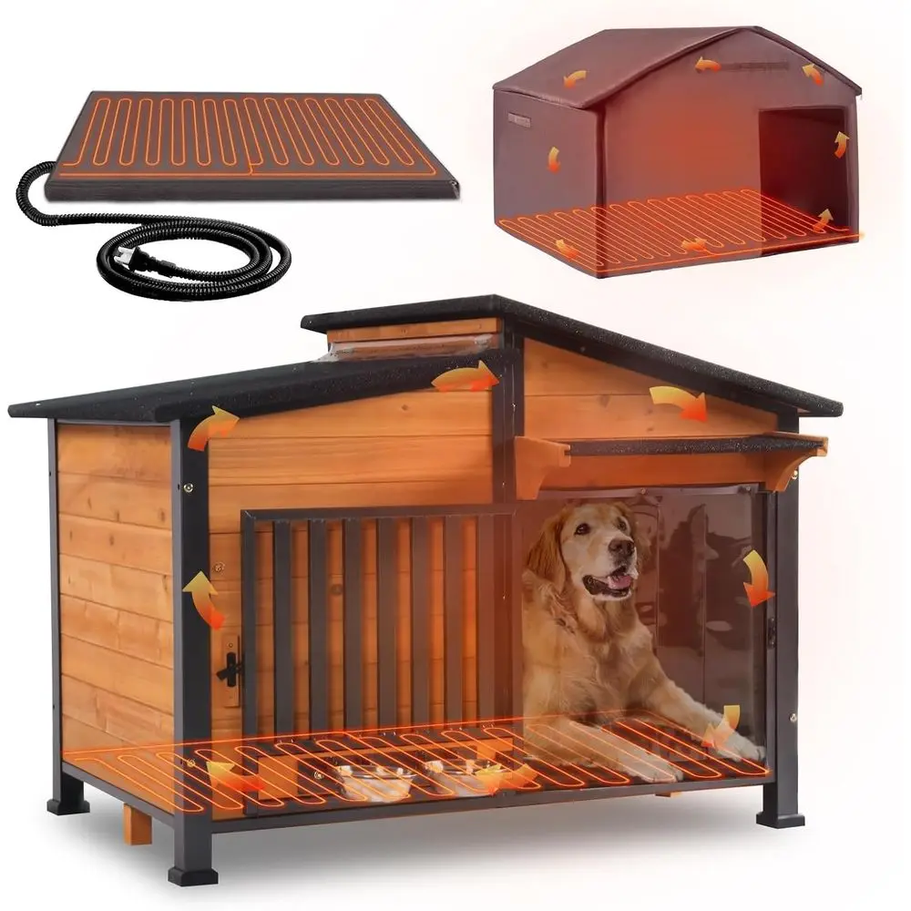 

Heated Dog House Outdoor Insulated Dog Kennel Weatherproof with Safe Heating Pad, Chew-Proof Metal Frame, Rotatable Spill-Proof