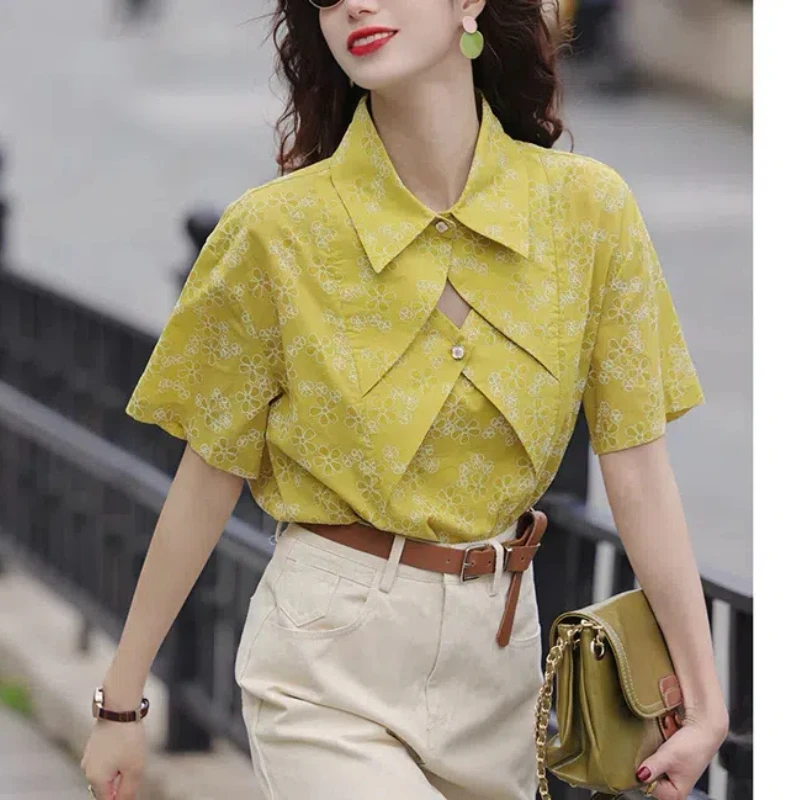 Turn-down Collar Flower Printing Button Short Sleeve Contrast Color Cardigan Hollow Out Shirt Casual Women's Summer Chic Tops