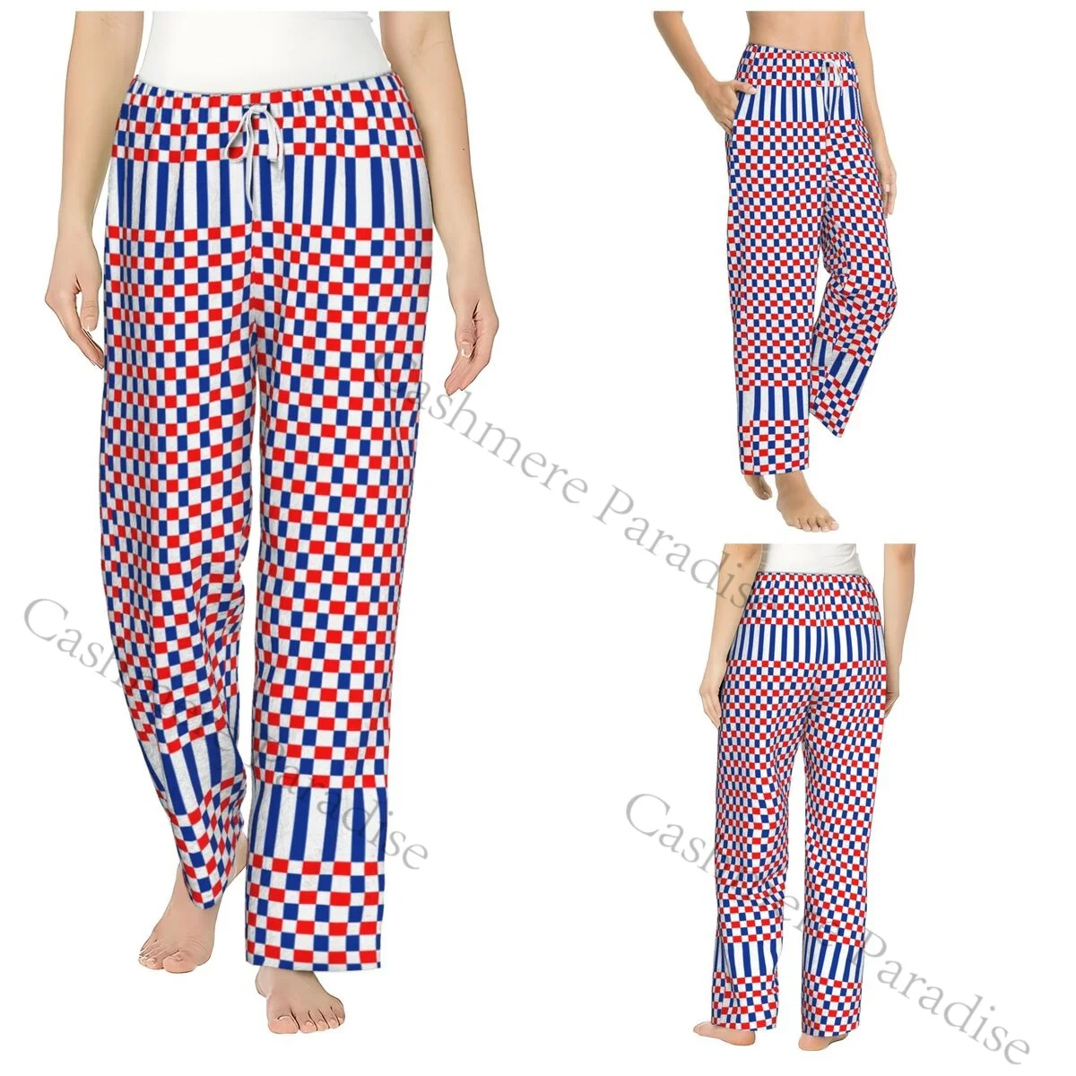 

Blue And Red Checked Women Sleep Pants Warm Flannel Lounge Pants for Winter Nights
