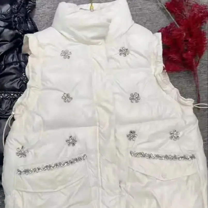 

Luxury Design Trend Diamonds Stitch Thick Cotton Padded Vest Jacket For Women's Autumn Winter White Black Waistcoat Vest Coat