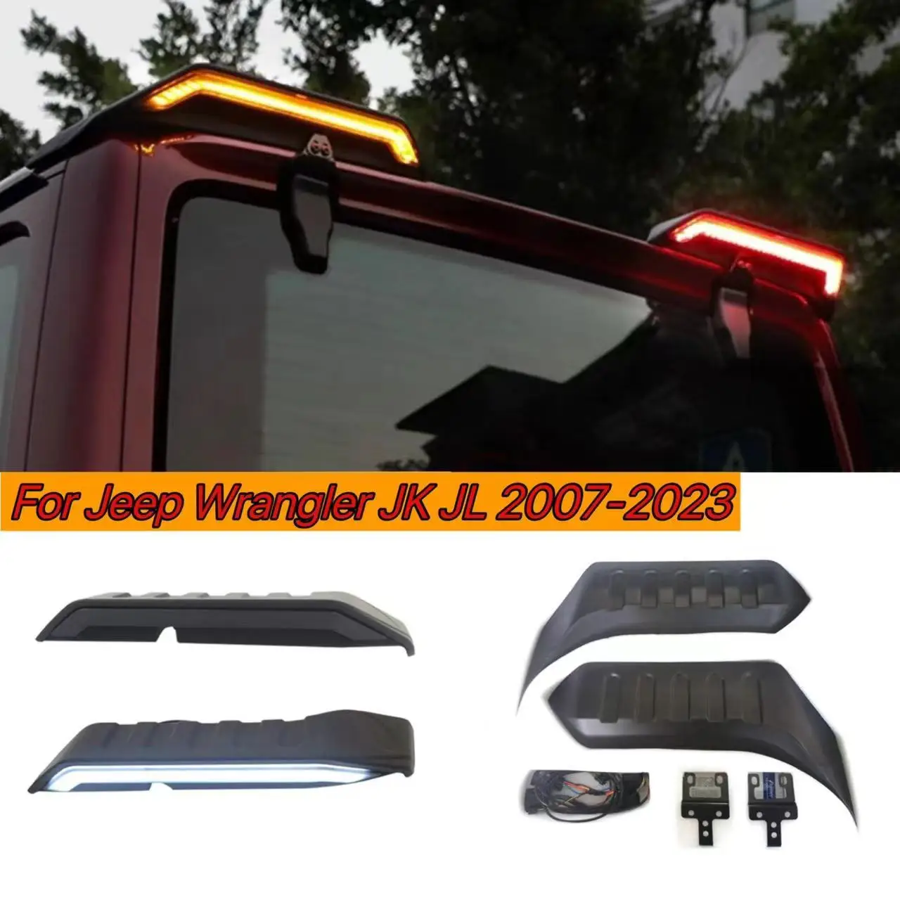 2007-2023 For Jeep Wrangler JK JL Car Rear Roof Light Spoiler Tail Side Splitter Top Wing Lip EU&USA Standard 4 Color Led Lamp