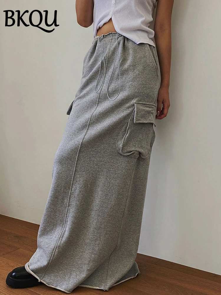 

BKQU Pockets Adjustable Drawstring Split Long Skirt Women Fashion High Waist Straight Cargo Skirts 2024 Street Casual Maxi Skirt