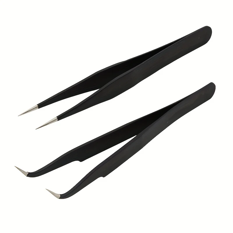 2pcs Stainless Steel Curved Straight Black Tweezer for Nail Art Rhinestones False Eyelashes Picking Tool