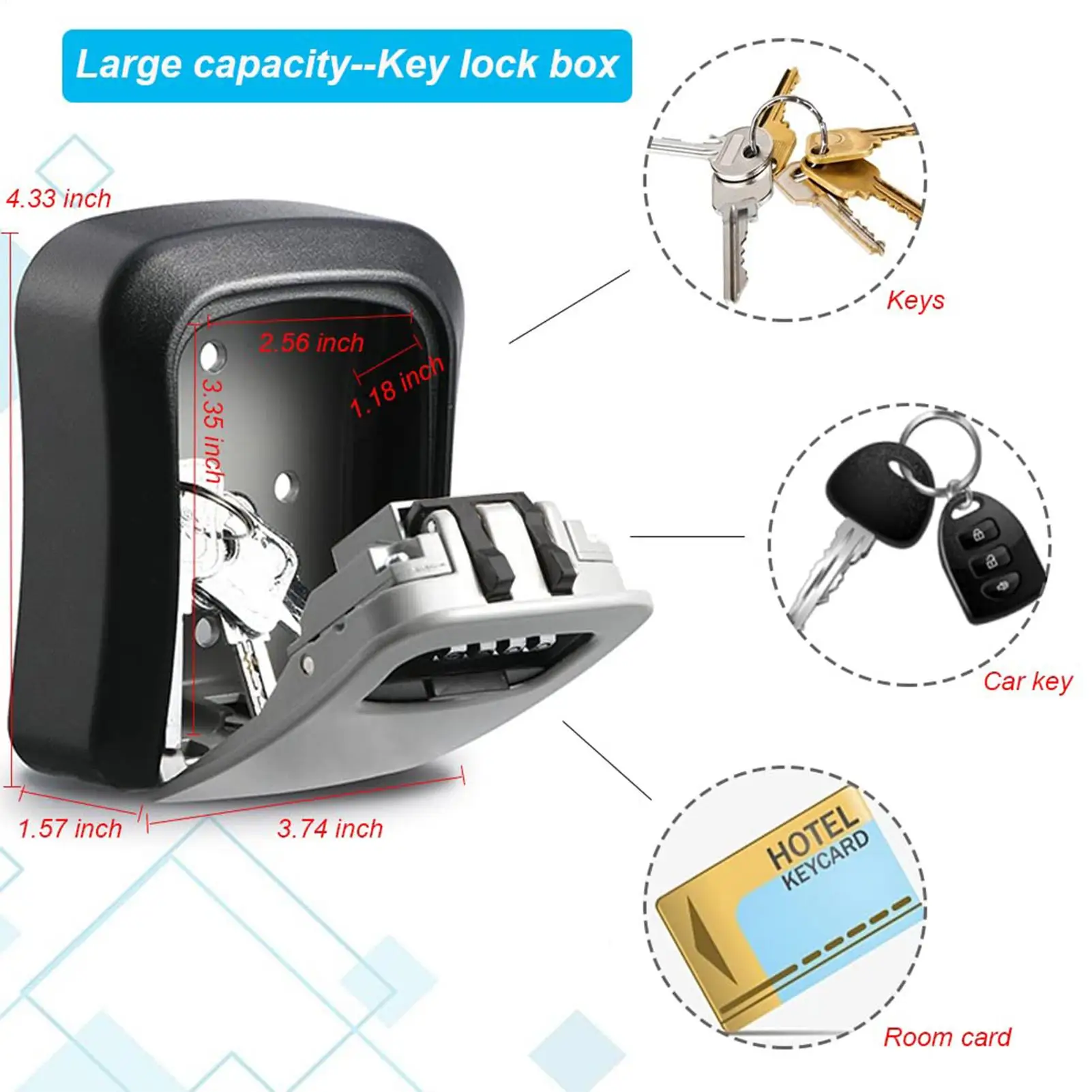 Wall-Mount Key Lock Box 4 Digit Code Security Key Safe Secret Organizer Box No Key Home Office Weatherproof Safe Key Keeper