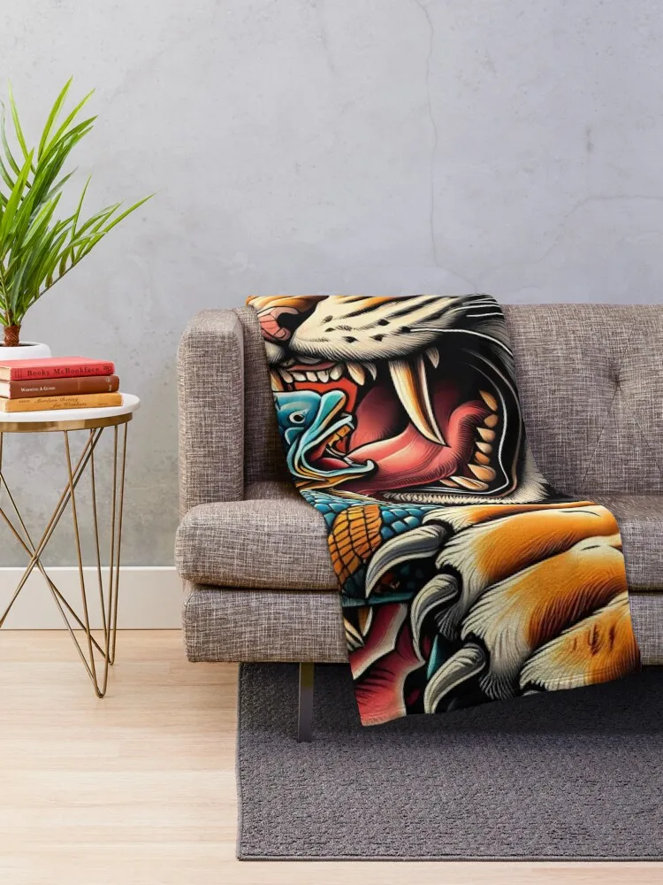 Fierce Tiger Clutching a Koi Fish at Sunset Throw Blanket Sofa Throw Sofa Quilt Blankets