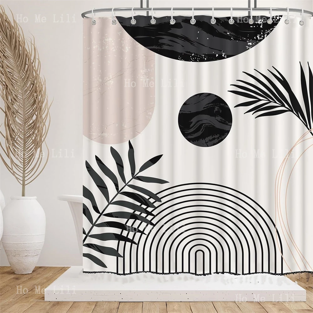 Mid-Century Design With Tassel Accents Boho Black And White Modern Minimalist Leaves Shower Curtain Bathroom Decor