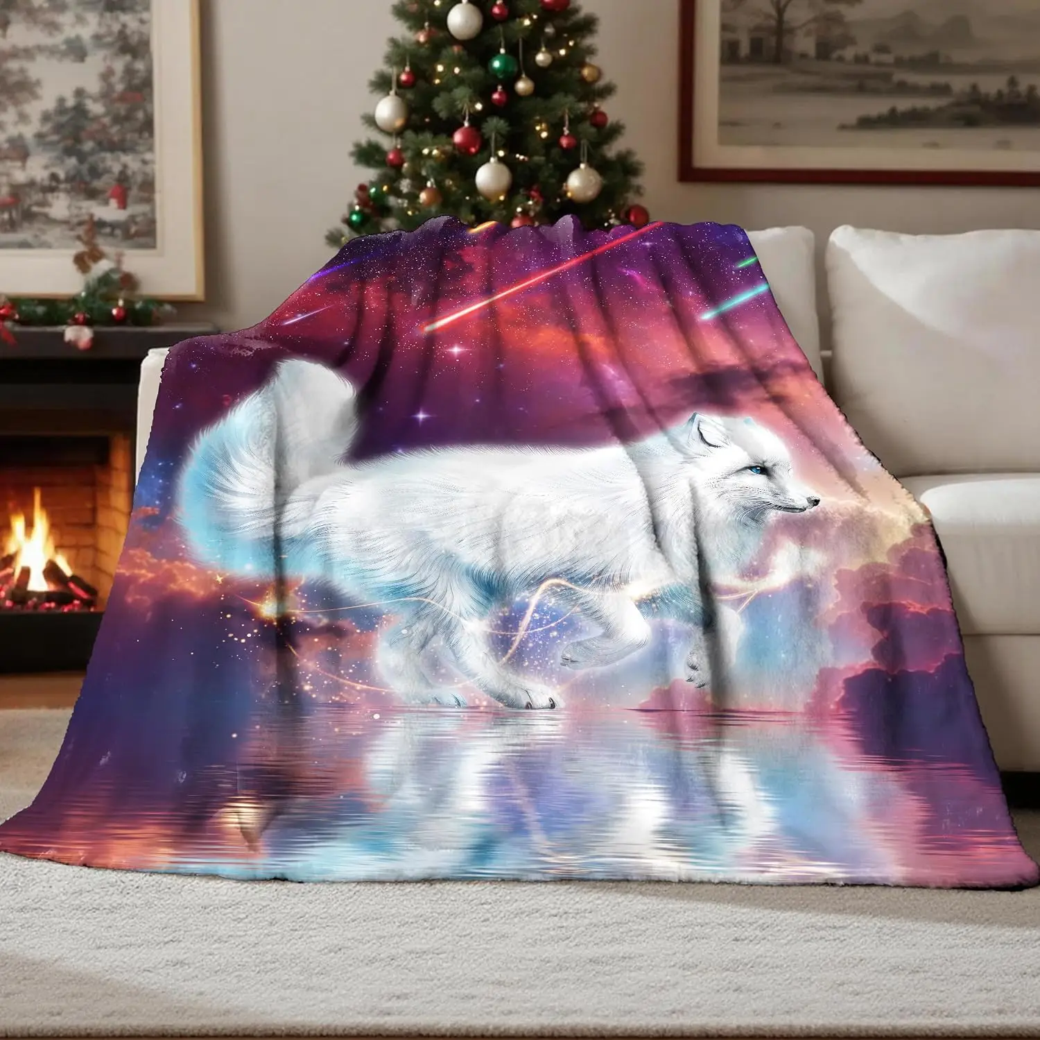 Purple Pink Cosmic Galaxy Meteor White Arctic Fox Reflection Flannel Throw Blanket Soft Warm Cover for Sofa Bed Animal Bedroom