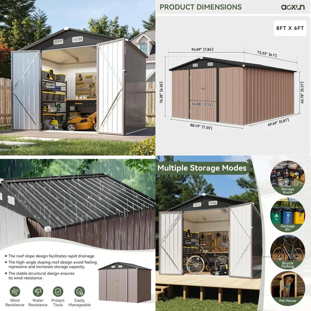 

Large Outdoor Storage Shed - Metal, Lockable, Brown, for Tools, Bikes, Mower, and More