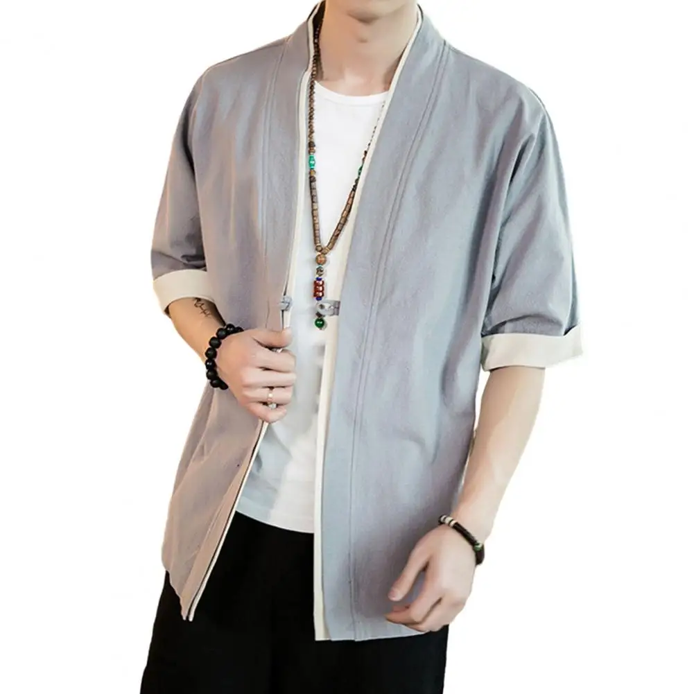 

Open Seam Placket Coat Men's Mid-sleeved Cardigan Coats Retro jaqueta masculina