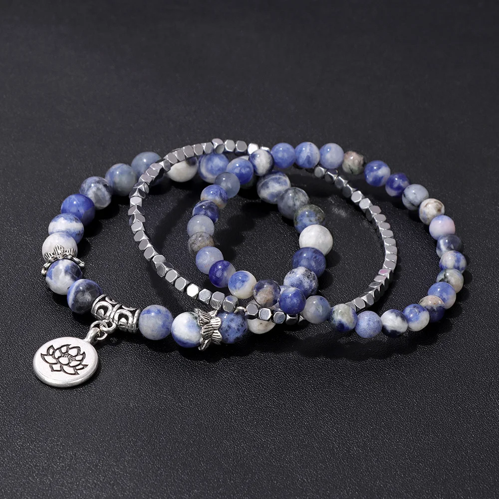 Healing Natural Stone Beads Bracelet for Women Round Lotus Charm Bracelet Set Men Jewelry Relief Yoga Female Bangles Friendship