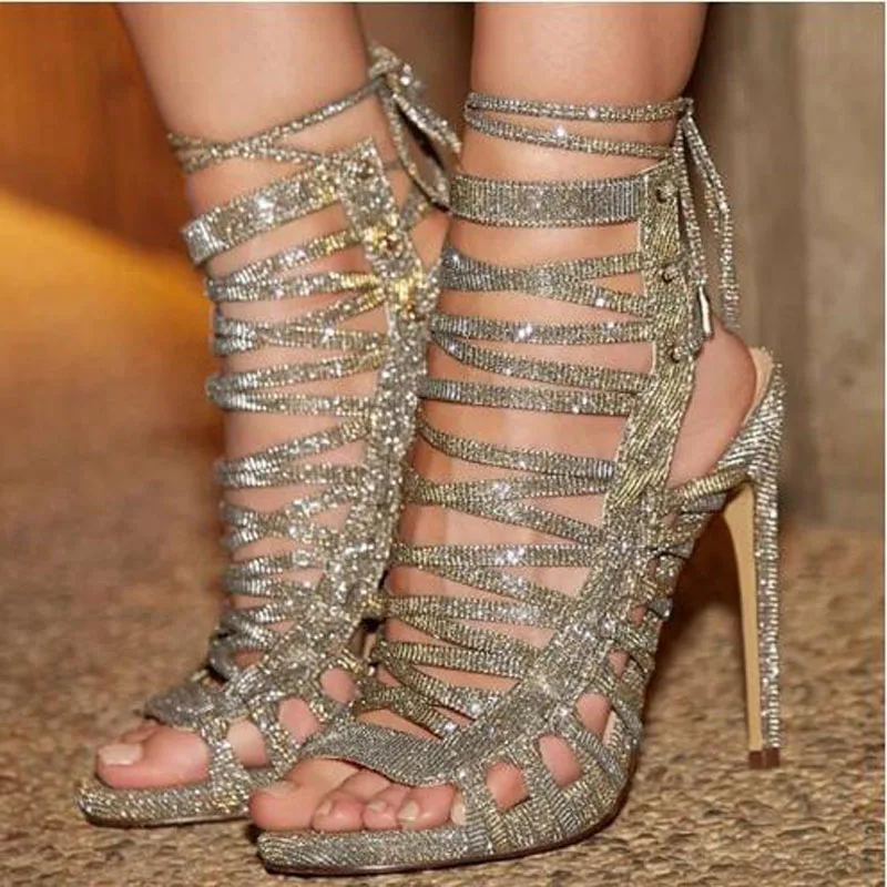 Luxury Women Sliver Bling Crystal Rhinestone Cage Hollow Peep Toe Thin Heels Summer Sandals Female Lace Up Back Banquet Shoes