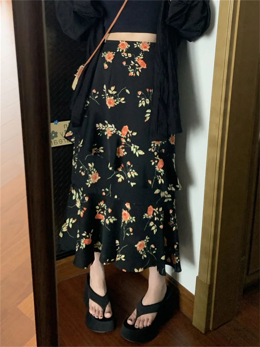 

Alien Kitty OL Florals Gentle Long Skirts Women Trumpets Loose 2023 Vintage Slim Autumn Chic Printed Casual Office Lady New