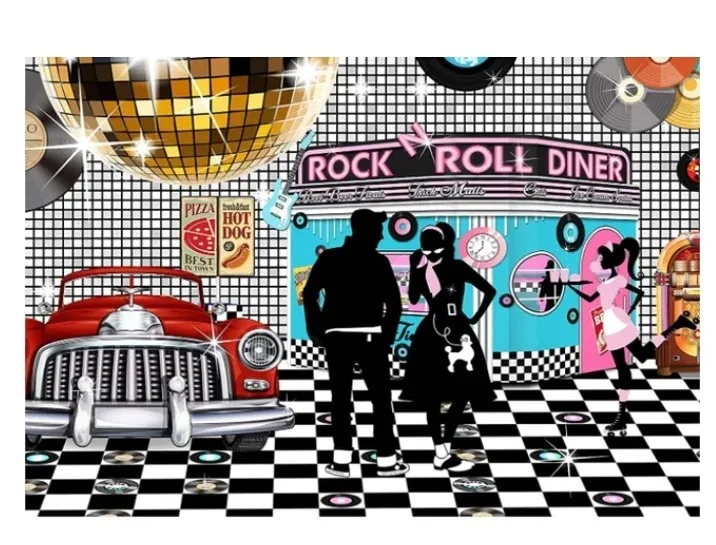 Fondo de fiesta de cumpleaños de Rock Roll, fondos fotográficos Retro, hora de comedor, tienda de comida rápida, baile de bola, tema de música, 50s