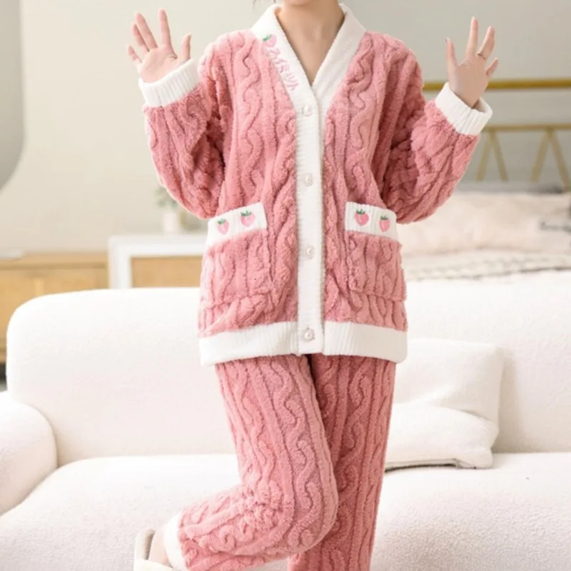 Plus Velvet Pajama Sets Women Sleepwear Long Sleeve Thick Coral Fleece Winter Students Preppy Loose Korean Home Cozy Soft Female