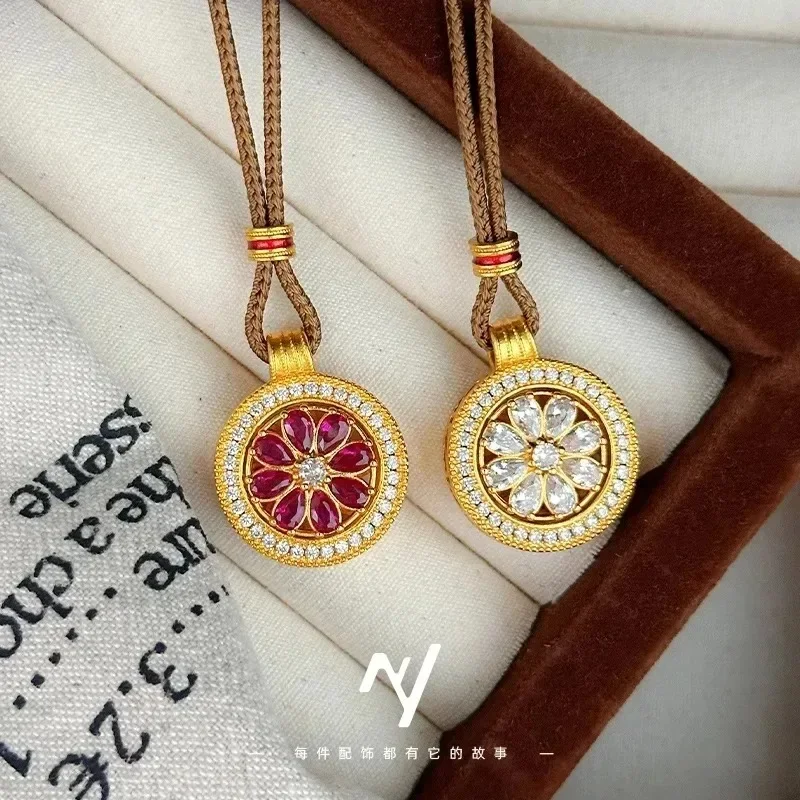 VivoGold Luxury Women's 9999 24K Real Gold New Chinese Diamond-Inlaid Sunflower Compass Pendant Rotating Zircon Pendant