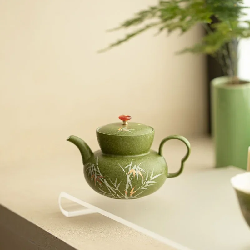 140ML Jingdezhen Hand-painted Bamboo Shadow Green-orange Teapot Fulu Pot Exquisite Stuffy Teapot Ceramic Kung Fu Tea Set Teacup