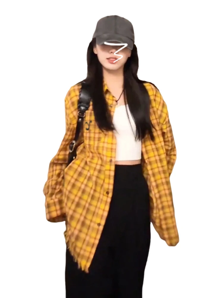Coréen Sle Jaune Plaid irt Jaet Femmes Printemps Automne Mince Long Sve Top Paresseux Sle Crème Solaire irt Coton Polyester...