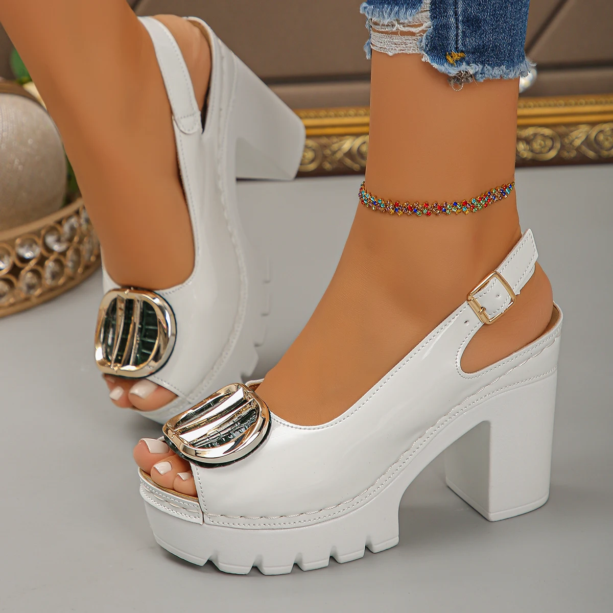 Women Sandals Patent Leather Thick High Heeled Sandals Women Metal Ring Peep Toe Platform Shoes Woman Back Strap Summer Shoes