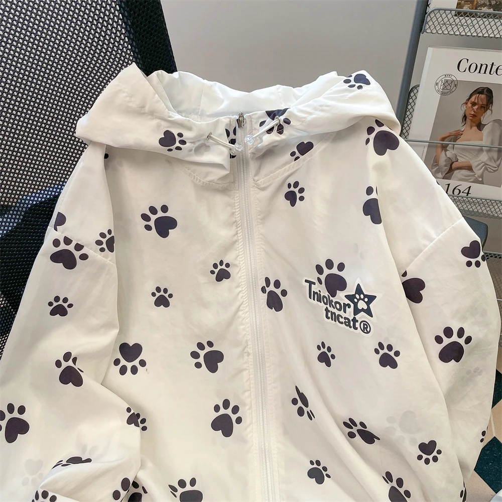 Japanse Schattige Hond Paw Print Capuchon Zonnebrandjas Voor Dames Zomer Losse Casual Lange Mouwen Vest Dameskleding