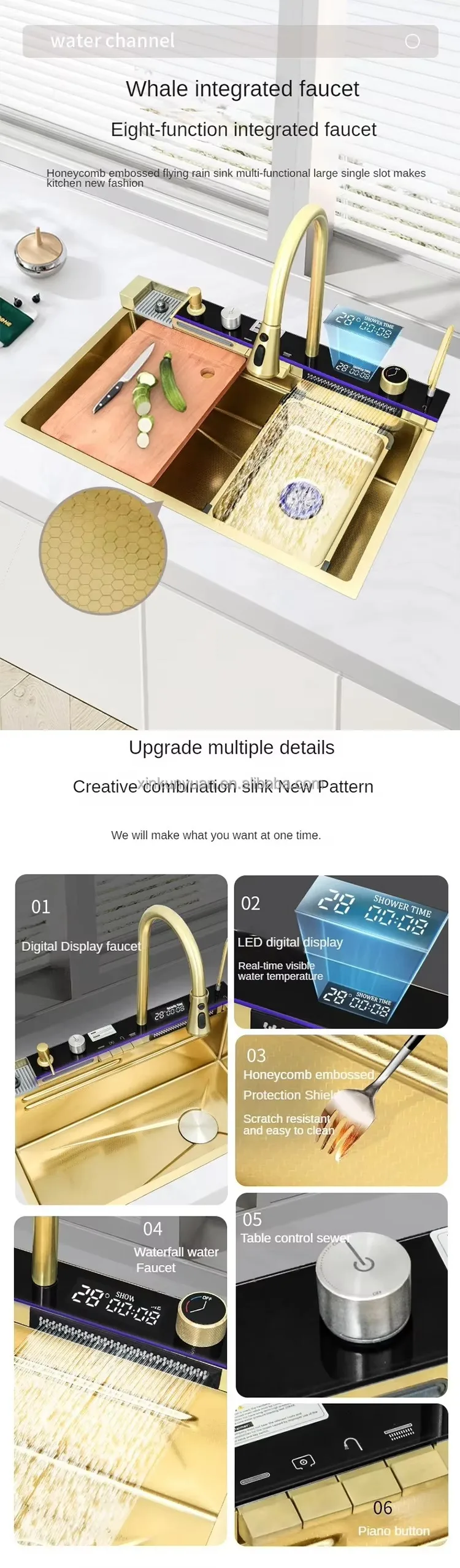 304 SS Modern Stainless Steel Kitchen Sink Multifunctional Undermount Waterfall Design Faucet Black Pull Style for Smart Modern