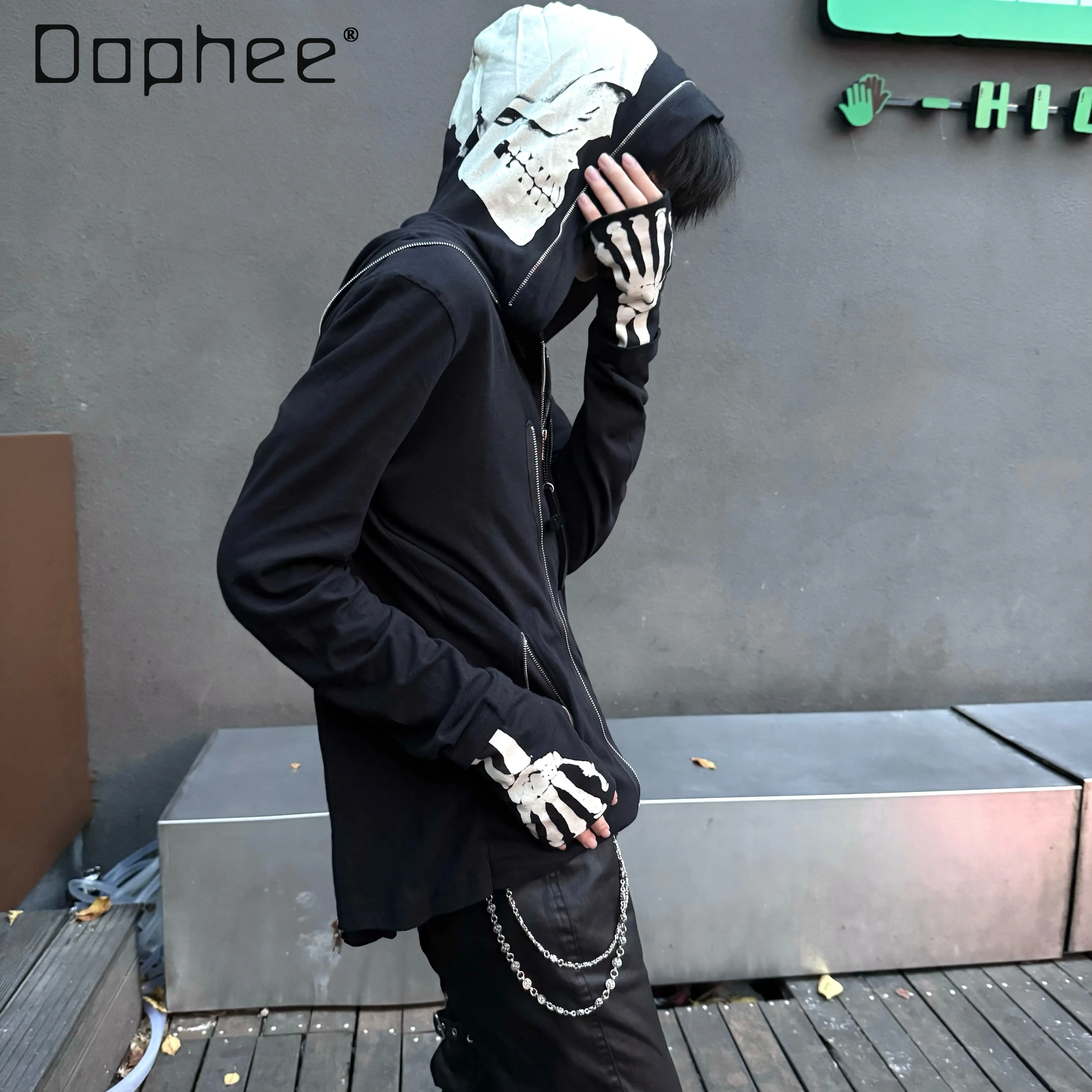Spring and Autumn New Subculture Gothic Style Men's Skull Skeleton Print Black Zipper Casual Hooded Sweatshirt Jacket